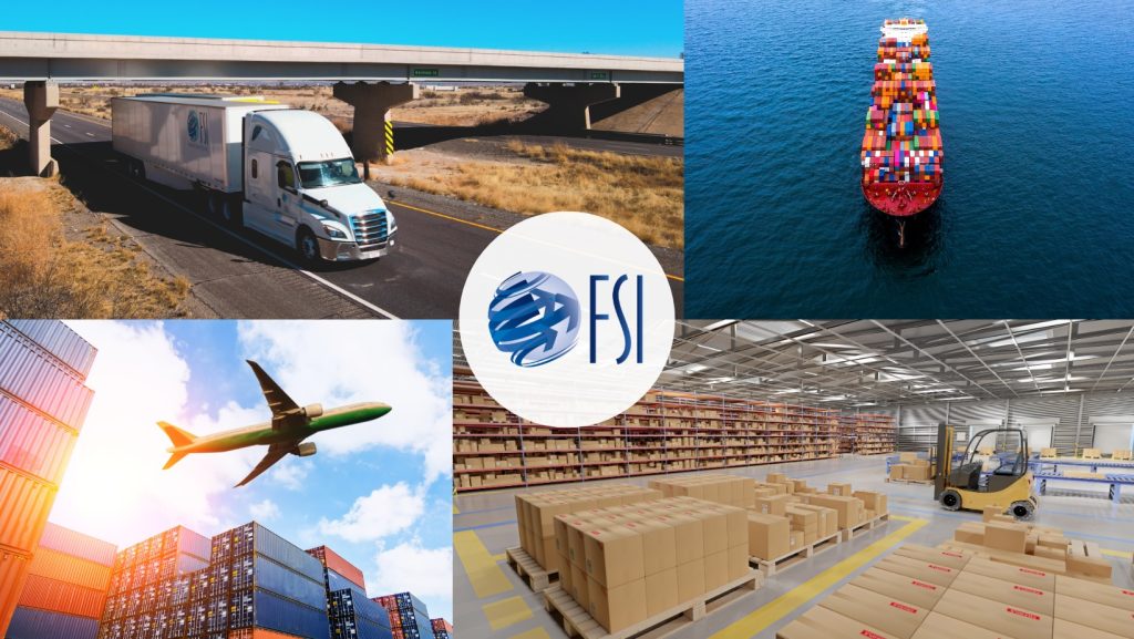 FSI logistics branding with global shipping elements: airplane, semi-truck, cargo vessel, and warehouse representing managed logistics services.