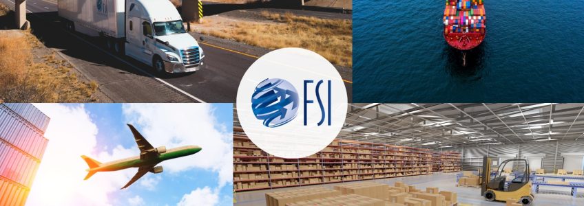 FSI logistics branding with global shipping elements: airplane, semi-truck, cargo vessel, and warehouse representing managed logistics services.