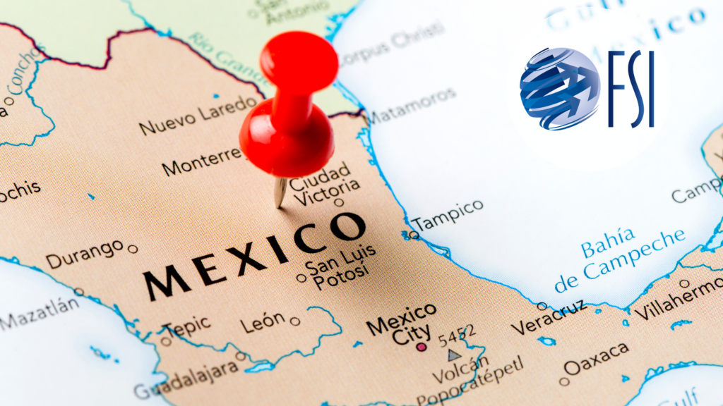 Map of Mexico with a red location pin marking a specific point, illustrating nearshoring opportunities for U.S. companies.