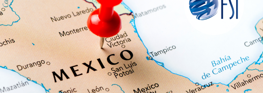 Map of Mexico with a red location pin marking a specific point, illustrating nearshoring opportunities for U.S. companies.