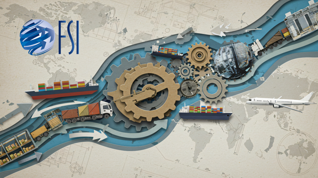 Global supply chain network with cargo ships, trucks, planes, and warehouses representing international logistics and supply chain resilience.