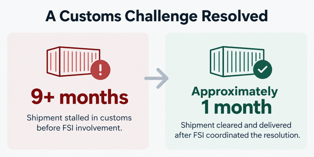 Infographic showing how FSI helped an international manufacturer resolve a customs delay, clearing and delivering a shipment in approximately one month after it had been stalled for over nine months.