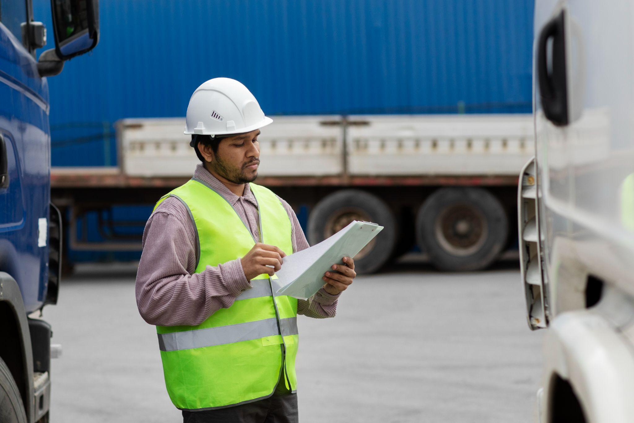 A logistics worker in a hard hat and safety vest reviews shipping documents between two trucks.
