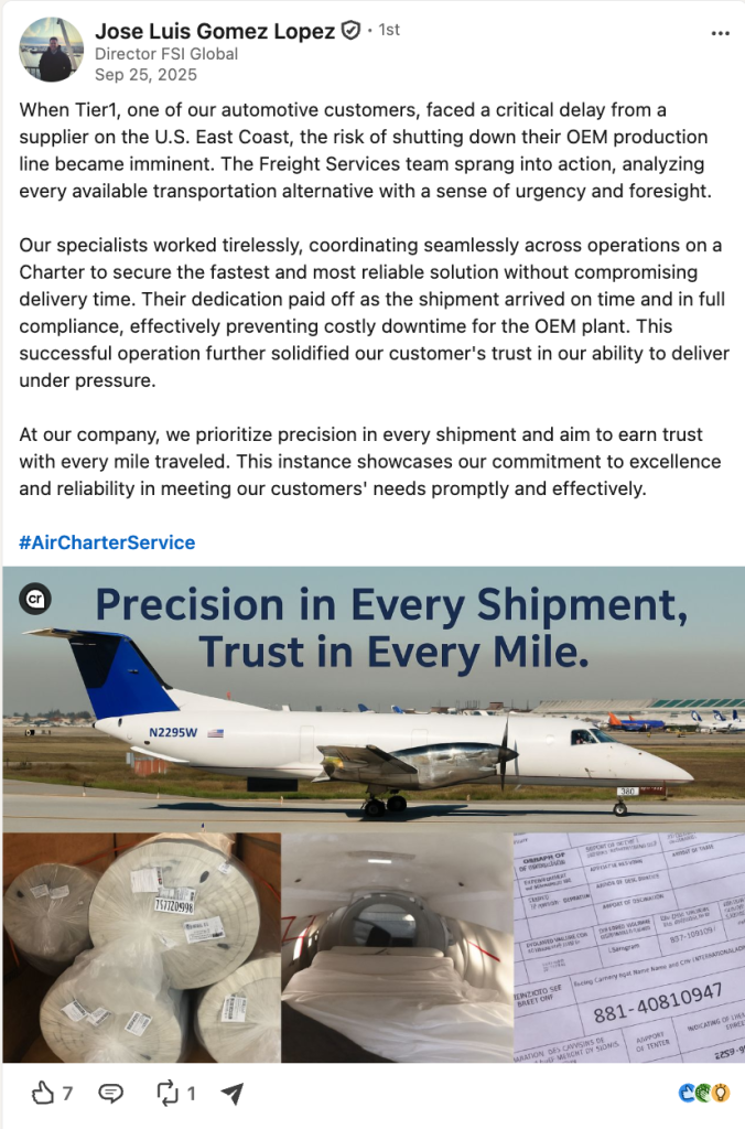LinkedIn post from FSI Global describing how an air charter shipment kept a Tier 1 automotive customer's OEM production line running. Image reads: Precision in Every Shipment, Trust in Every Mile.